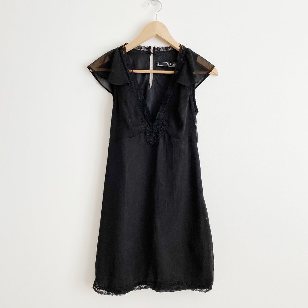 ZARA TRF Women's Nightwear, Semi Sheer With Lace Trim, Black, Size Small